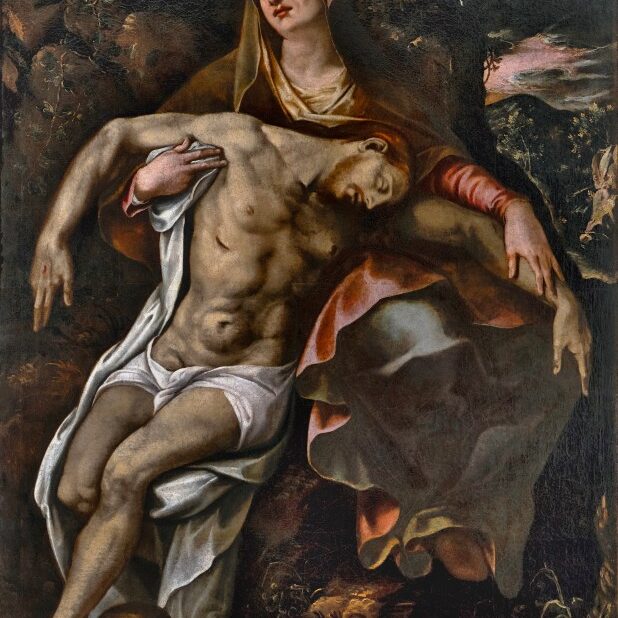 A 16th century painting of the Virgin Mary holding the dead body of Jesus,