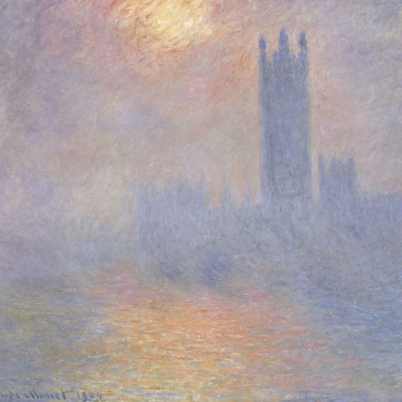 A Monet painting of the Parliament in London sit by sunlight through fog