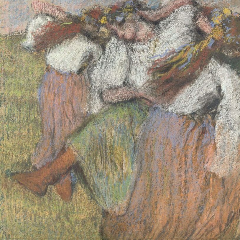 An impressionist pastel drawing by Degas of peasant folk dancers from Ukraine