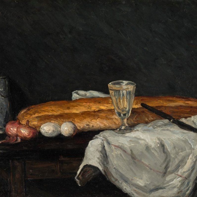 A still life painting of a tabletop with some baguettes, eggs, onions, a metal pitcher, a glass, and a knife
