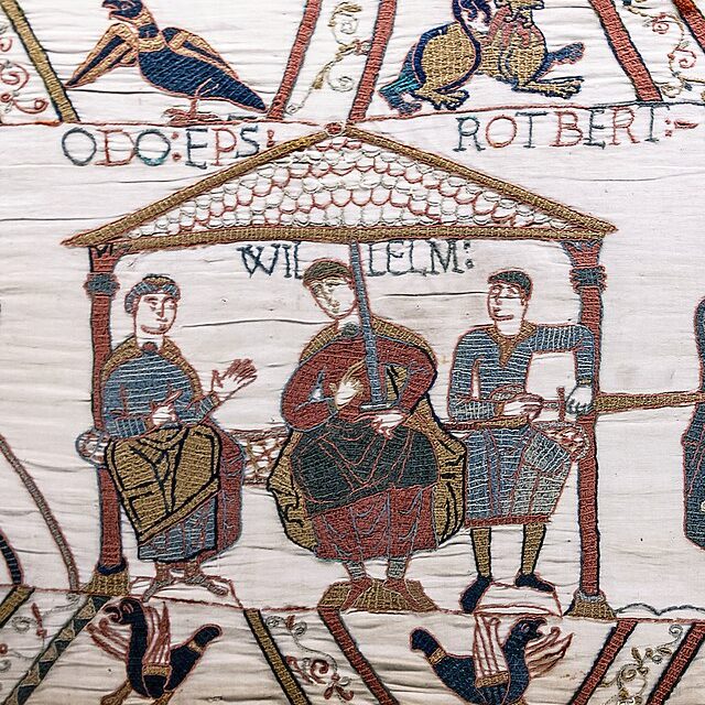 A segment of the Bayeux Tapestry, showing William the Conqueror in the center alongside his half-brothers Odo and Robert