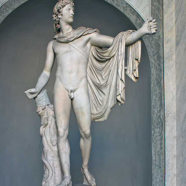 A marble statue of the god Apollo with his hand outstretched