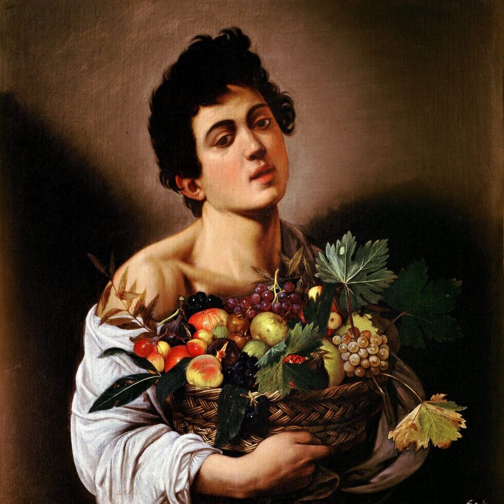 A Baroque painting of a young man holding a basket of fruit.