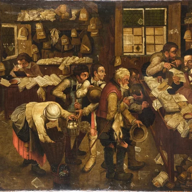 A chaotic scene of a village lawyer's office. The well-dressed lawyer is inspecting some paperwork, while village farmers line up to pay their taxes, bringing both money and agricultural goods.