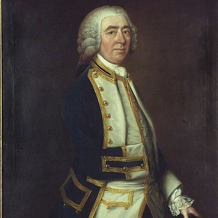 A three-quarter-length portrait of a man in eighteenth-century naval uniform. He wears a white wig and has his right jacket sleeve pinned to his waistcoat, his arm having been amputated.
