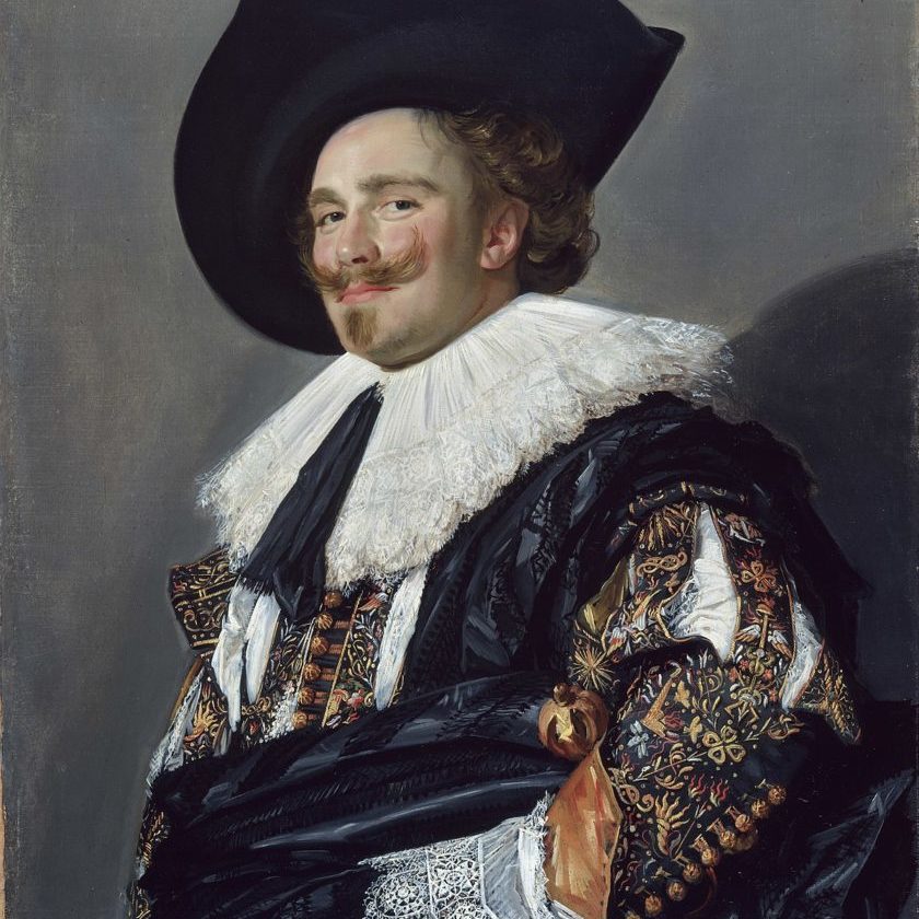 A seventeenth-century portrait of a Dutch man in fine clothing, a white ruff, and a broad-brimmed black hat. He enigmatically smiles at the viewer through his moustache.