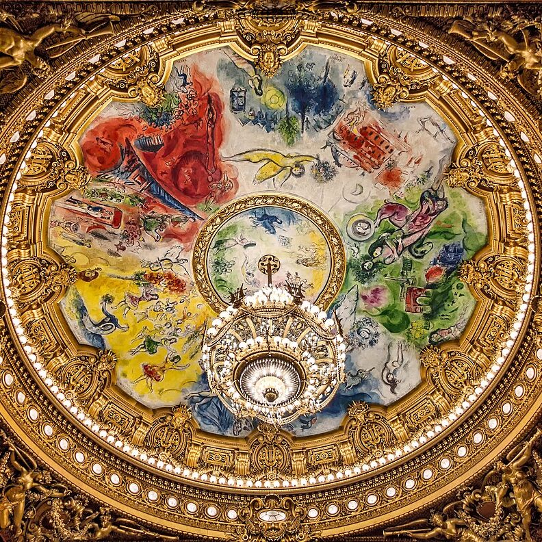 Marc Chagall's painting on the ceiling of the Palais Garnier, the main Paris opera house.