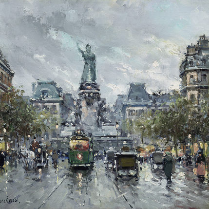 painting of place de la Republique in paris with people,horses and carts in street