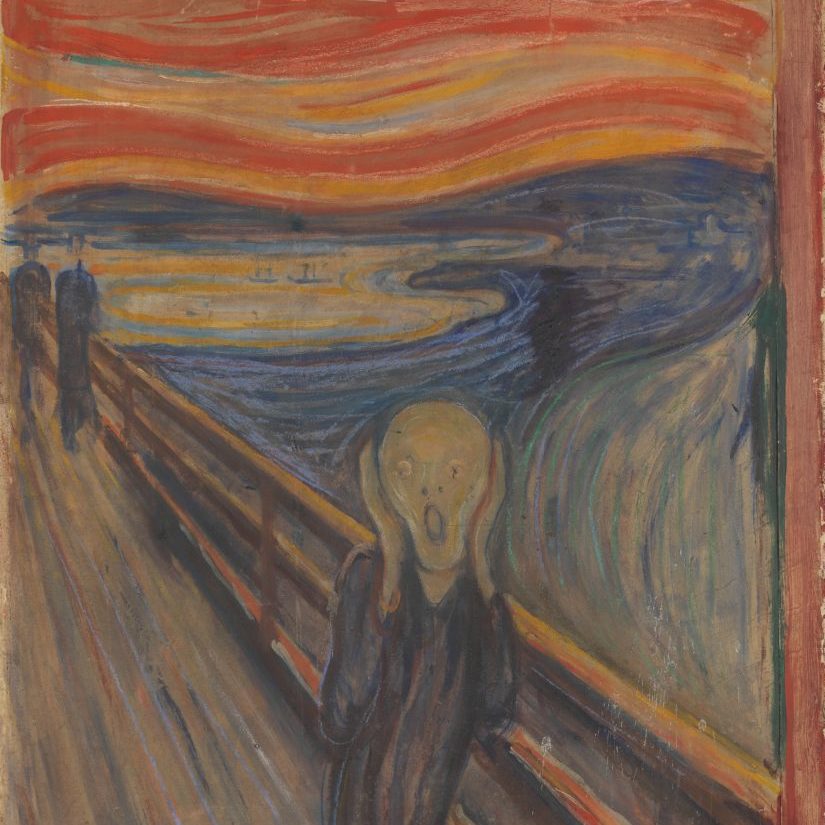A painting showing a bald man holding his face with an expression of show or fear as he hears the "scream of nature" and the sky turns red behind him.