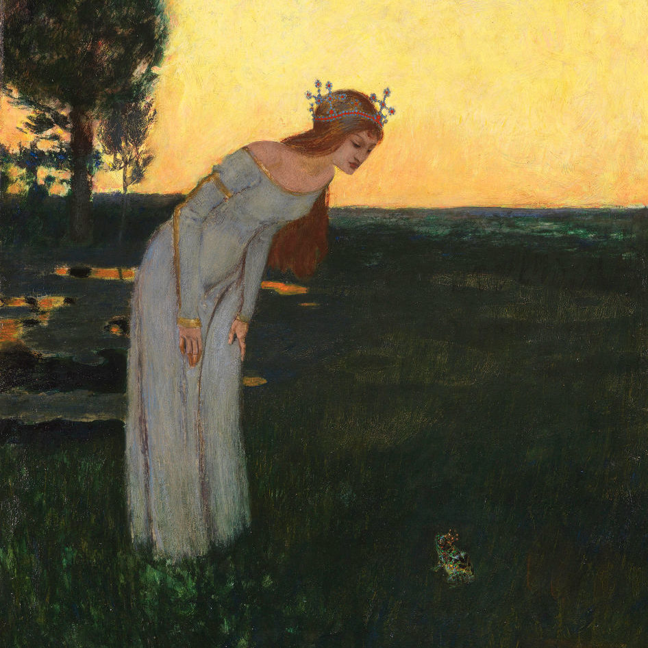 A painting of a princess in a field looking down at a frog, meant to be Franz Stuck's representation of the Frog Prince fairy tale.