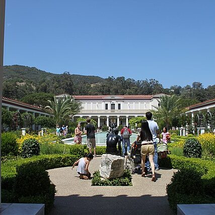 The interior courtyard of the Getty Villa in Los Angeles, with gardens and a reflecting pool.