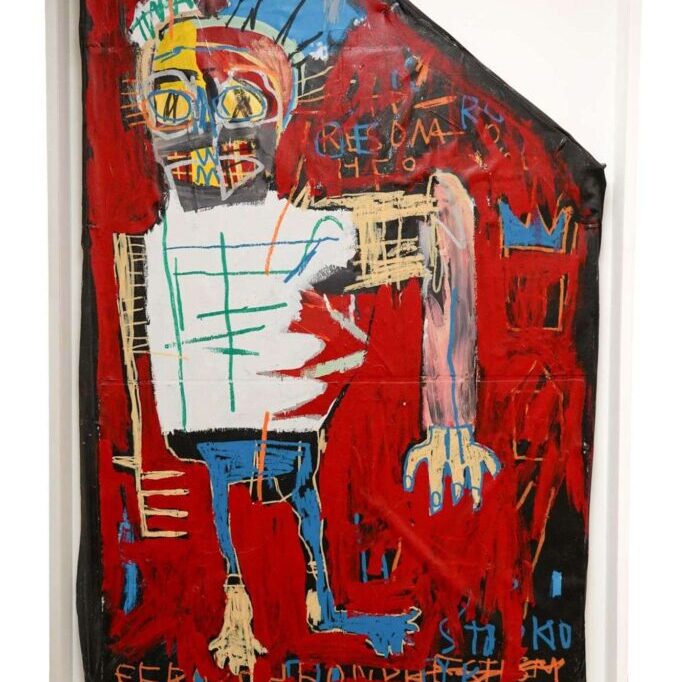 A painting by Basquiat of a man in a white shirt and jeans against a red background.