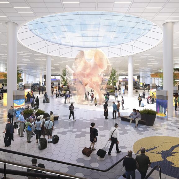 An artist's rendering of the interior of a new airport terminal.