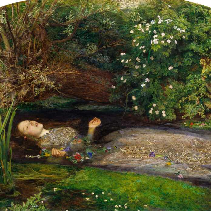 A young woman in a dress floating in a pond surrounded by flowers.