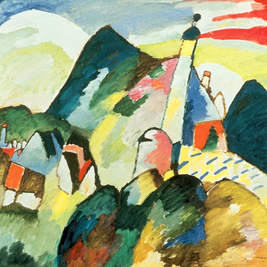 An abstract work of a town surrounded by green hills. In the foreground, the white spire of a church rises up into a blue and red sky.