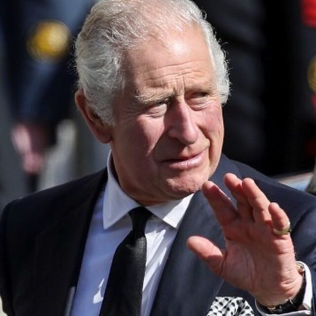 A photograph of King Charles III in a business suit waving to a crowd