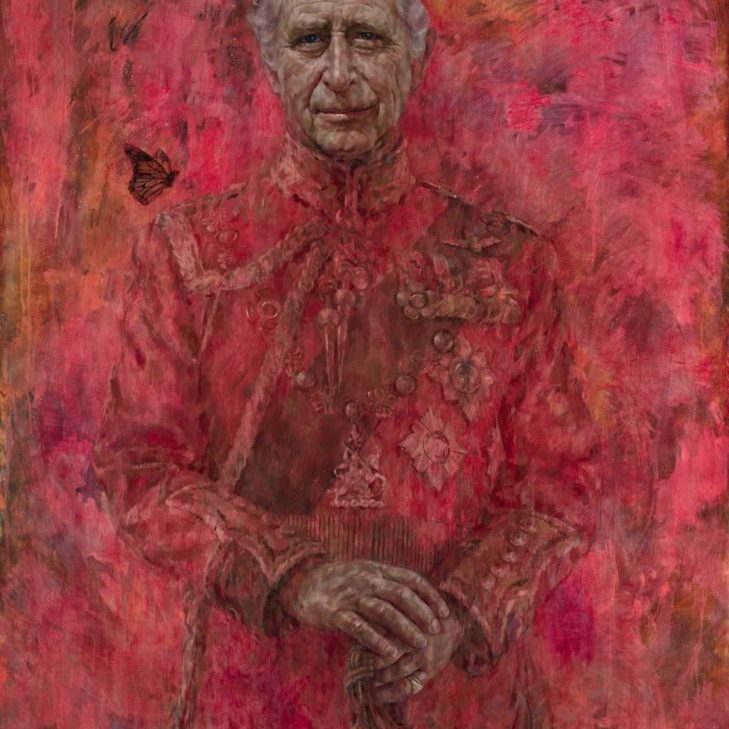 A portrait painting of King Charles III in a red military uniform against a red background with a butterfly hovering above his right shoulder.