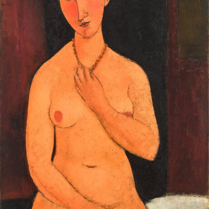 A portrait of a nude woman sitting upright in bed covering herself.