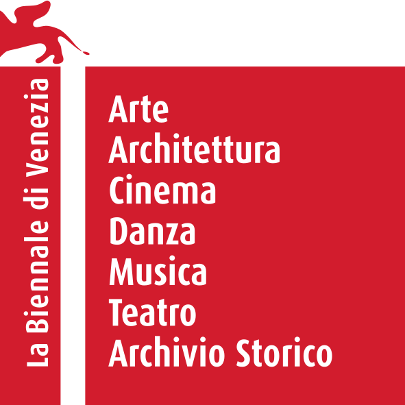 A red logo, with a vertical banner on the left-hand side reading 'la Biennale di Venezia', while the rest of logo listing the categories of the exhibition in Italian: art, architecture, cinema, dance, music, theater, and archive.