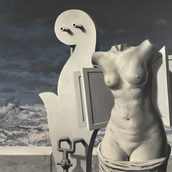 A painting of a headless, armless marble female torso in front of stormy seas.
