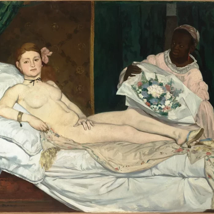 A nude woman reclining on her bed with a servant woman giving her a gift of flowers to the right. A black cat stands by her feet.