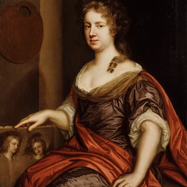 A seventeenth-century portrait of a woman holding a panel with sketches of two young boys.