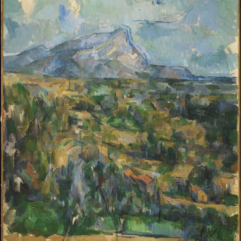 A post-Impressionist painting of a mountain among green fields.