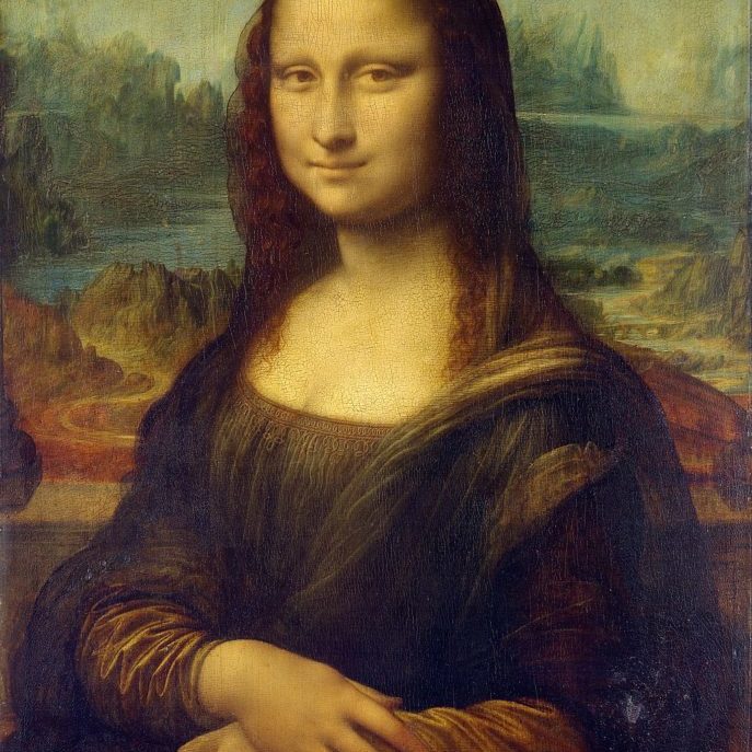 Leonardo da Vinci's Mona Lisa: a portrait of a woman with dark hair and clothing against a landscape background including trees, hills, a river, and a stone bridge.