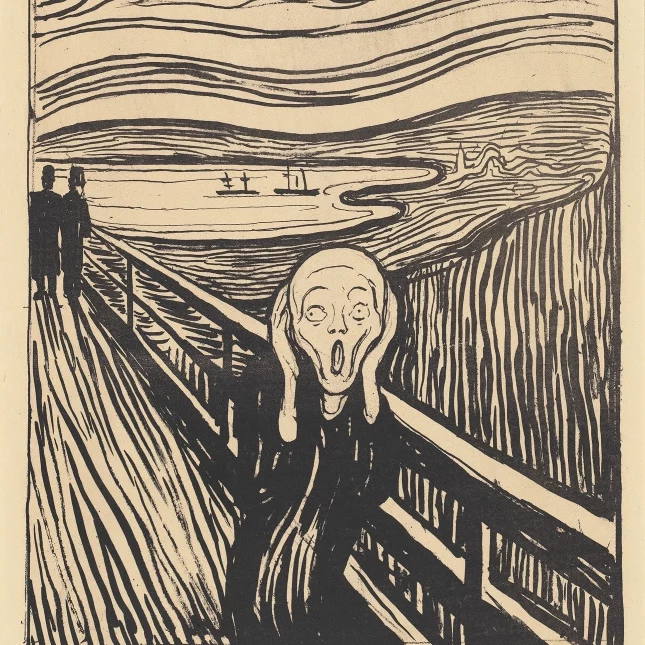 An ink print version of Edvard Munch's The Scream, showing a bald man holding his face with a shocked expression, which is supposed to be a reaction to hearing the "scream of nature".