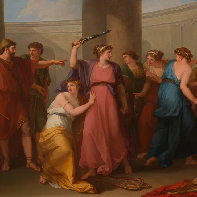 An 18th century history painting showing Achilles disguised as a woman revealing his identity after picking up a sword.