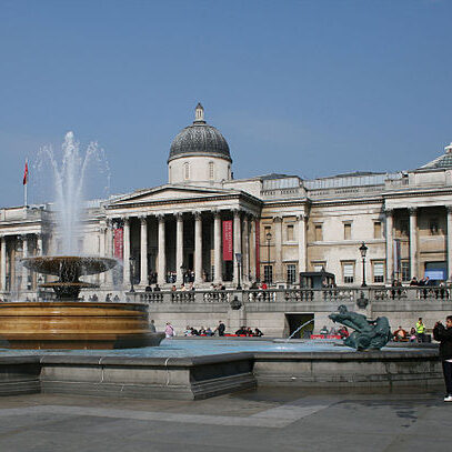 The facade of London's National Gallery on Trafalgar Square.