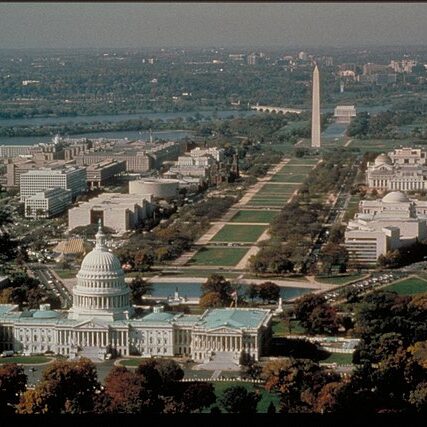 The National Mall in Washington, DC, a stretch of green space between the US Capitol and the Washington Monument.