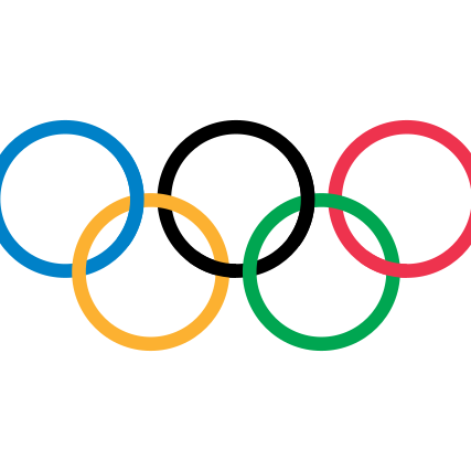 The Olympic symbol of five interlocking rings of blue, black, red, yellow, and green.