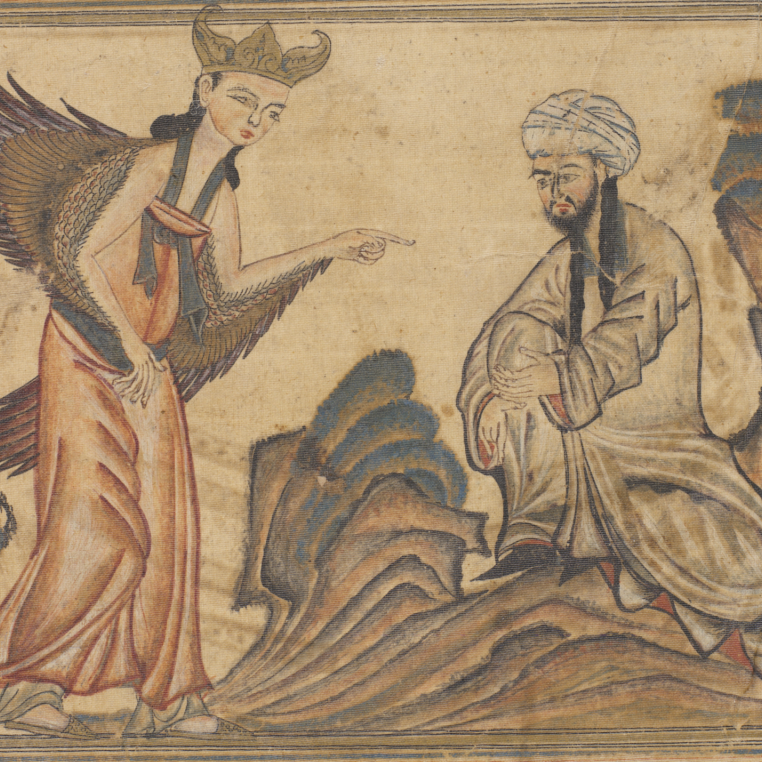 An illustration from around the turn of the 14th century showing a bearded figure wearing a turban, meant to represent the Prophet Muhammad, along with a winged figure in red robes, meant to represent the Archangel Gabriel.