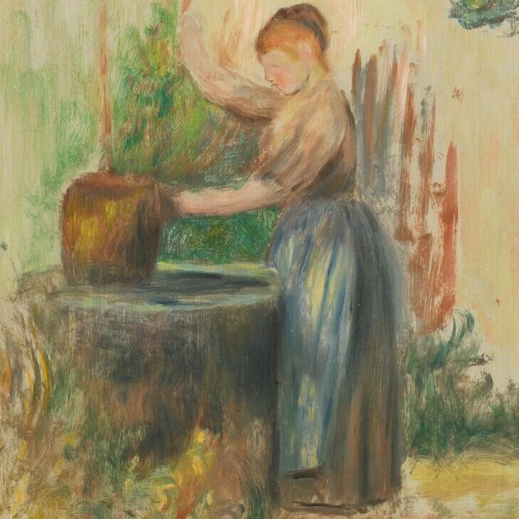 An oil paint study of a young woman drawing water from a well.