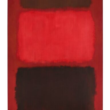 A large color field painting of red and brown rectangles on a red background.
