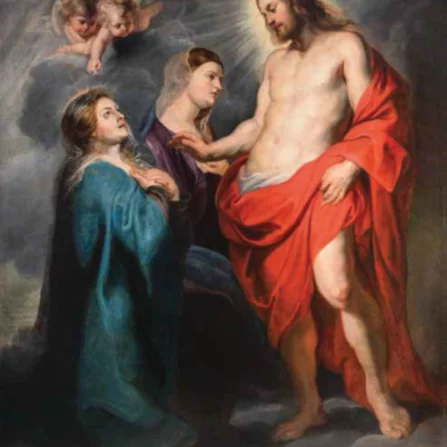 A painting showing Jesus draped in a red robe appearing to his mother Mary, who is kneeling in front of him along with another woman while cherubs peek out from behind a cloud in the upper left-hand corner