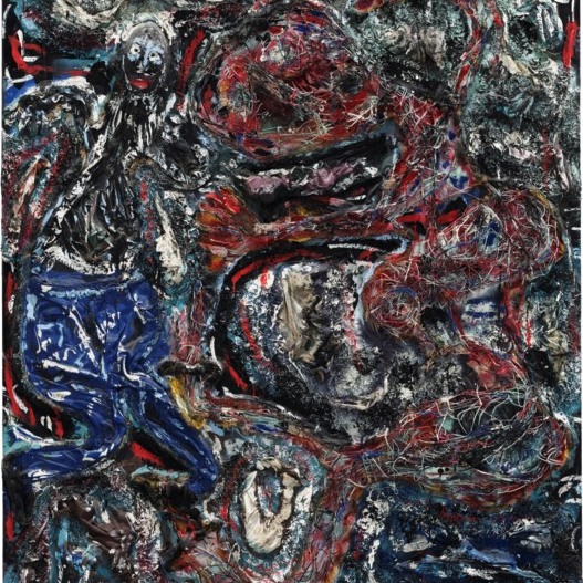 An abstract painting, mainly of red, blue, and black with various abstract figures throughout