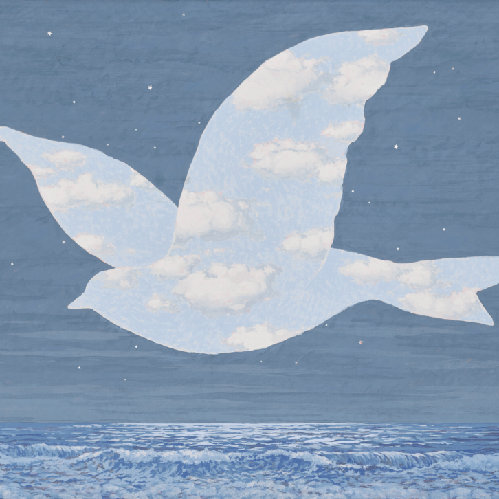 A gouache work on paper showing the outline of a flying bird filled in with bright, cloudy sky. This is set against a darker, starry sky over an ocean.