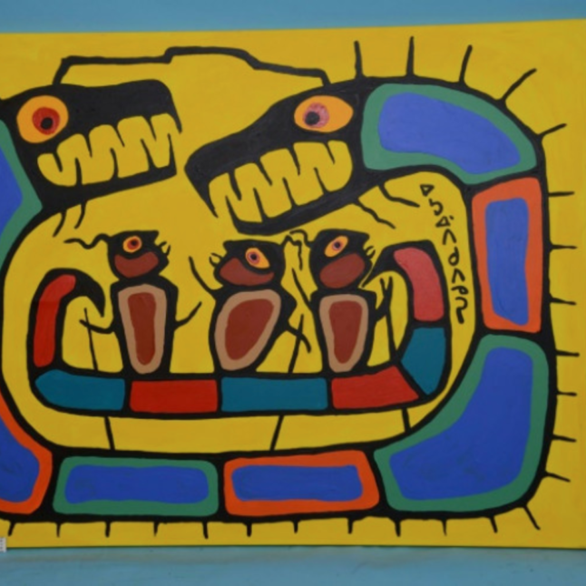 A painting in an indigenous Canadian style of several blue and red creatures on a yellow background.