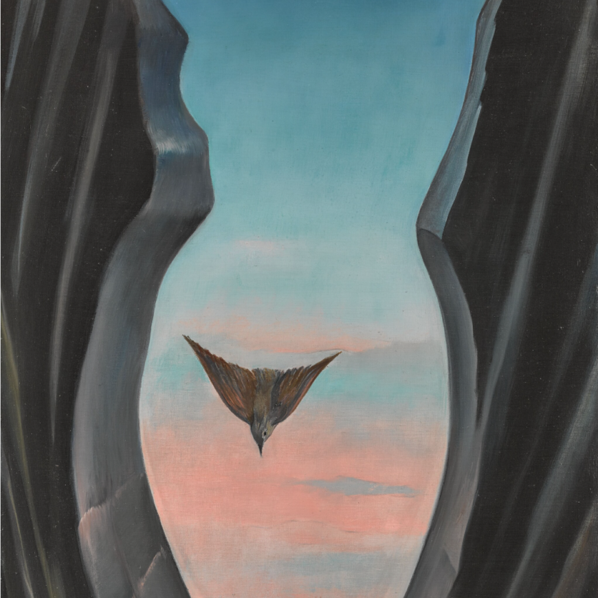 A painting showing two black, rocky outcroppings flanking the sides rising up, pulling all attention towards a small, brown bird with its wings extended against a red and blue sky, probably either at dawn or dusk.