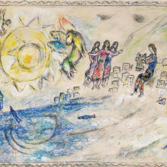A colored drawing showing a seaside town, with a man playing a harp or lyre sitting on the shore being approached by three women. The sun shines over the sea, with other groups of people and animals present throughout.