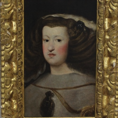 A bust-length portrait of a woman with a white mantle and a gold chain extending across her chest. She is expressionless, with very rosy cheeks and a wide, braided hairstyle decorated with pins and ribbons.
