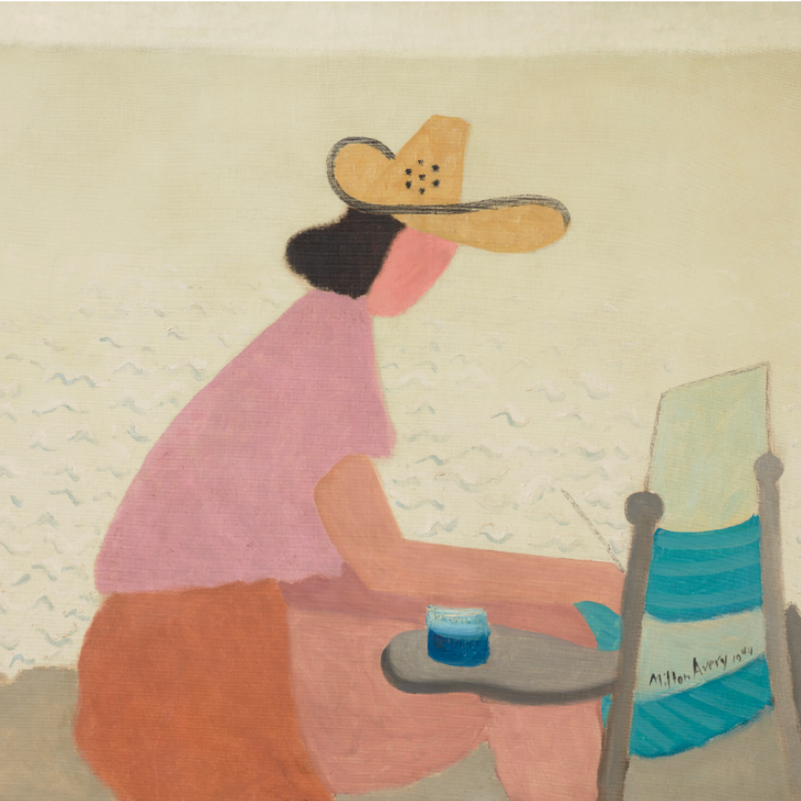 An abstract seascape by Milton Avery with a woman in a pink shirt and a broad-brimmed sun hat in the foreground.