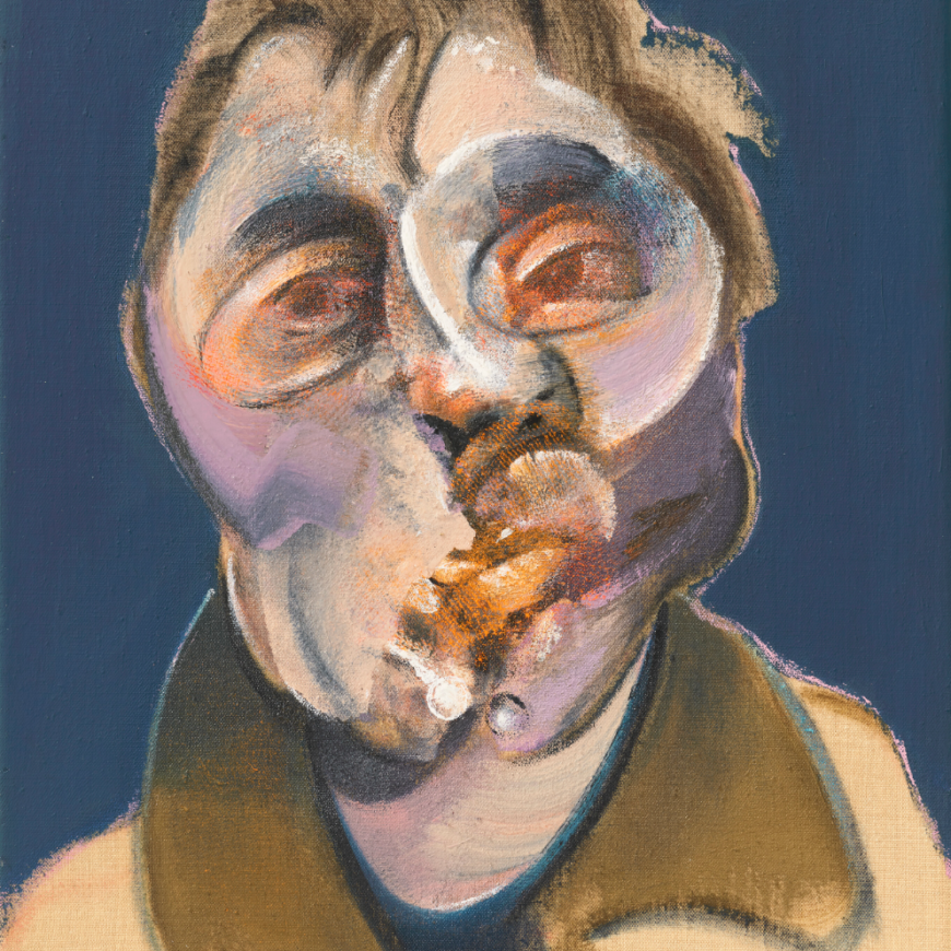 An abstract, bust-length self-portrait of the artist Francis Bacon, showing him in a beige coat against a blue background. His face is contorted and colored with shades of red and purple.
