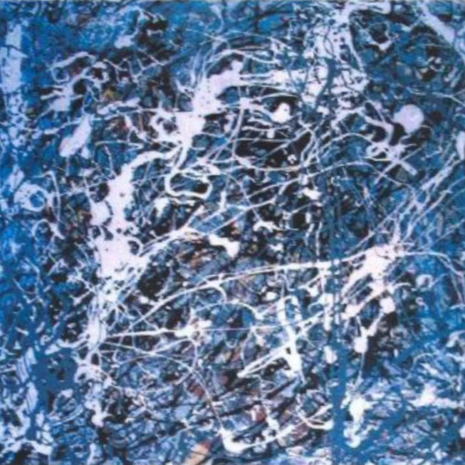 A blue and white abstract expressionist painting by Jackson Pollock.