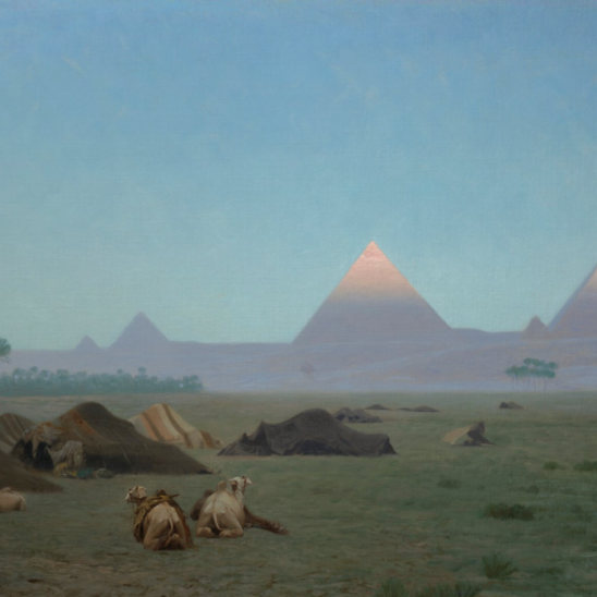 A desert landscape at dawn, with the first light hitting the top of the Pyramids of Giza in the distance. Meanwhile, a group of tents near some palm trees lies asleep.