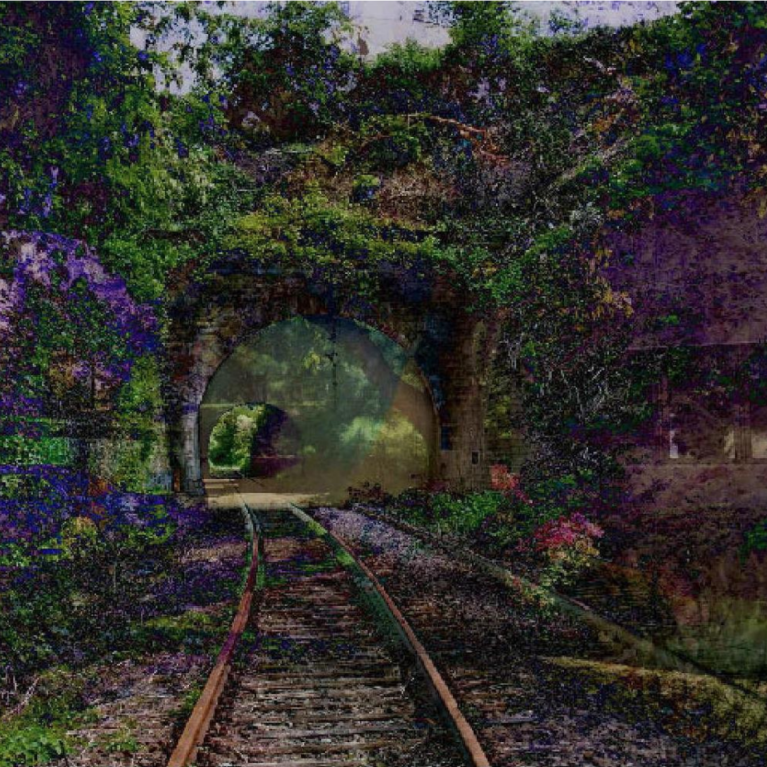 An painting-style AI-generated image showing a trail leading into the woods surrounded by purple flowers.