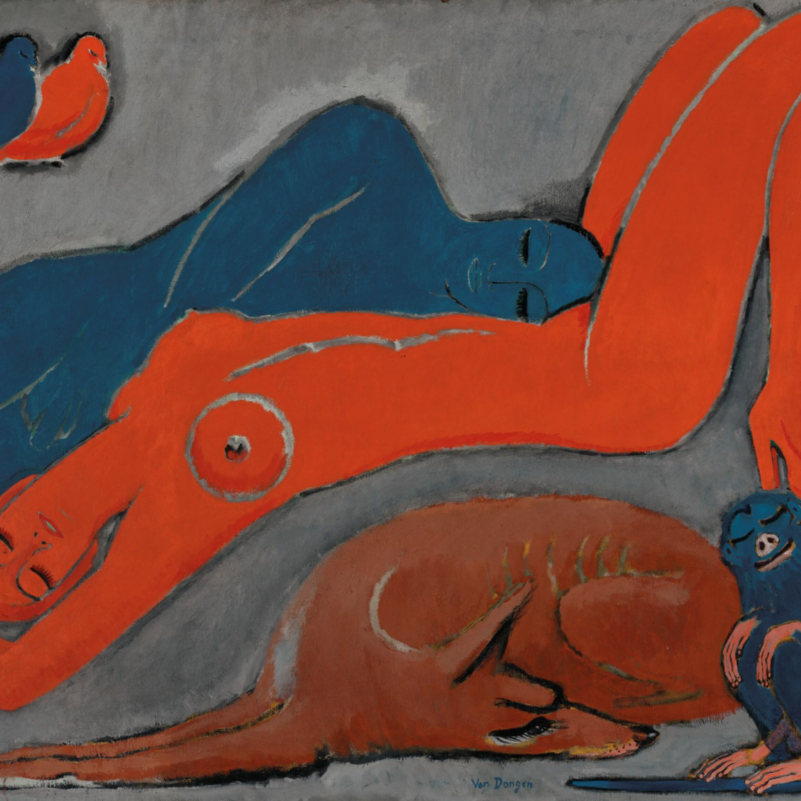 A painting of a pair of nude women, one red the other blue, laying against a grey background, accompanied by birds, a dog, and a monkey.