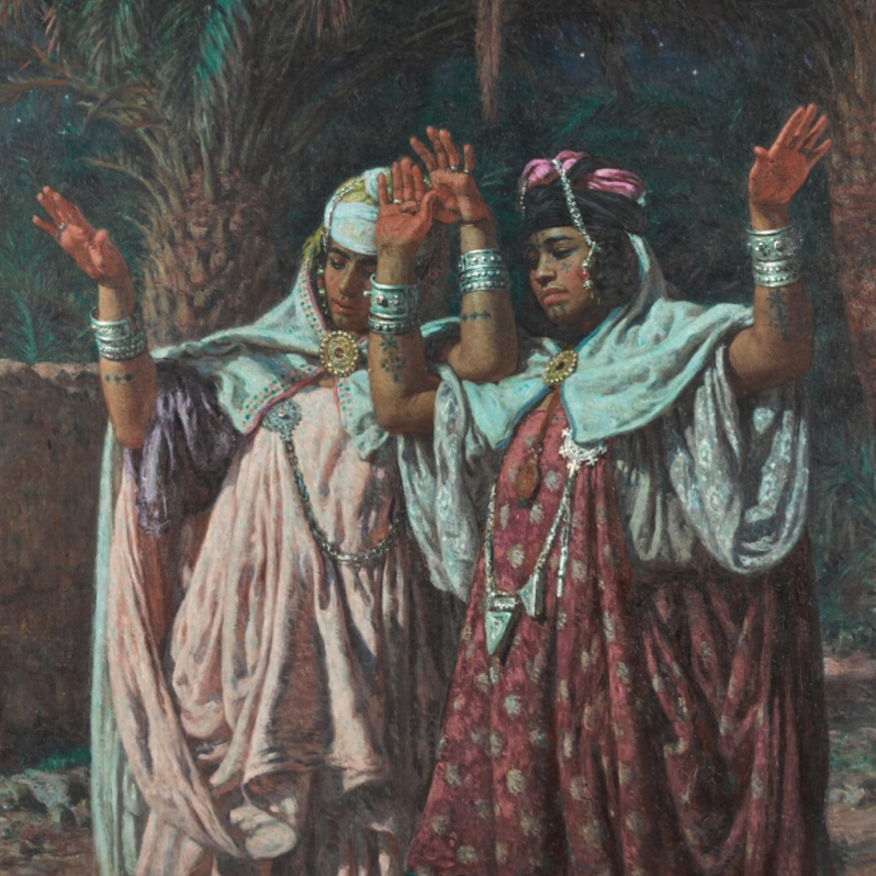 A painting by Nasreddine Dinet showing two Berber women with their arms raised in a dance beneath palm trees.